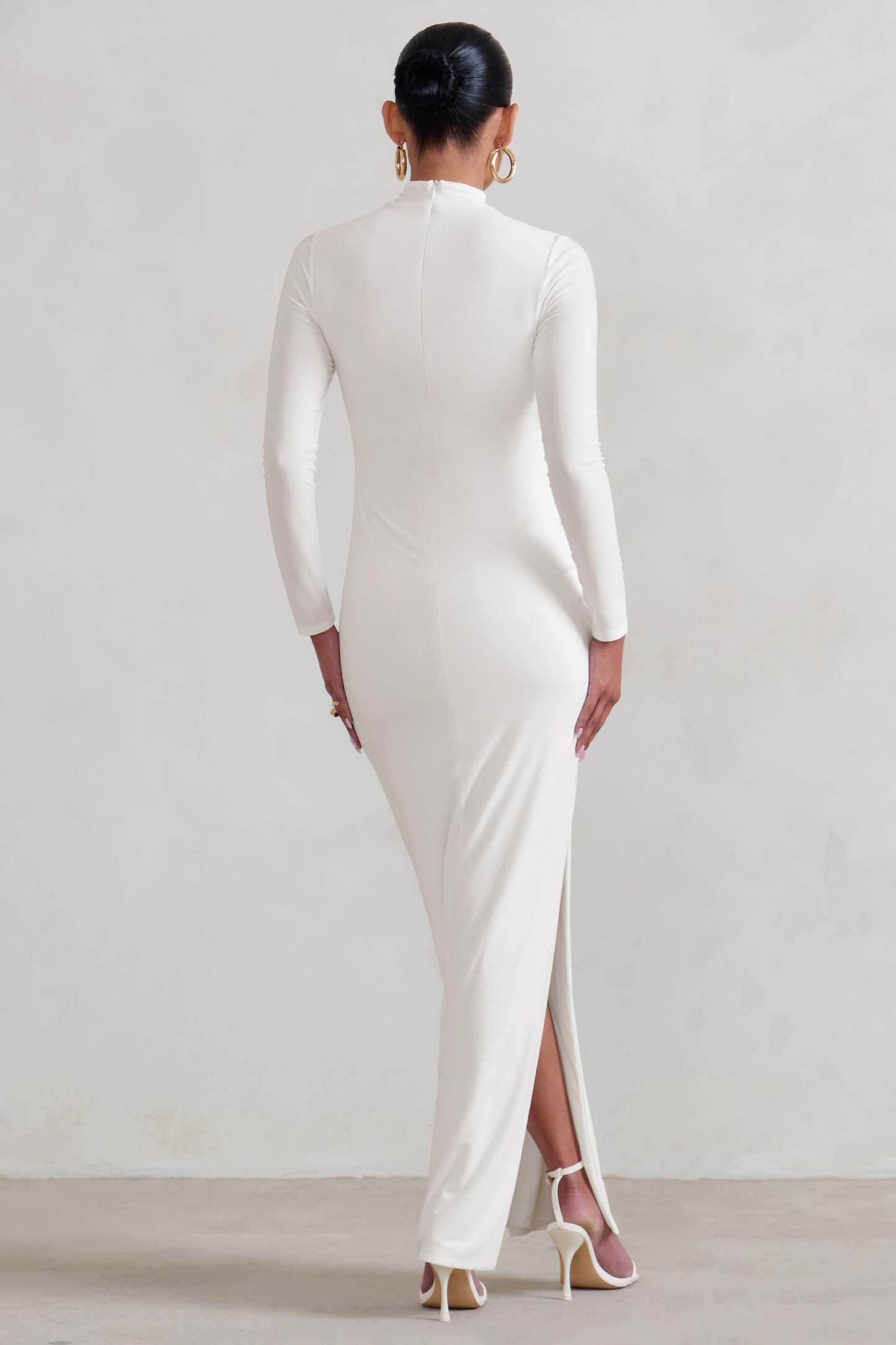 Alejandra White Maternity Long Sleeve High Neck Maxi Dress-Fashionmomo.All Rights Reserved