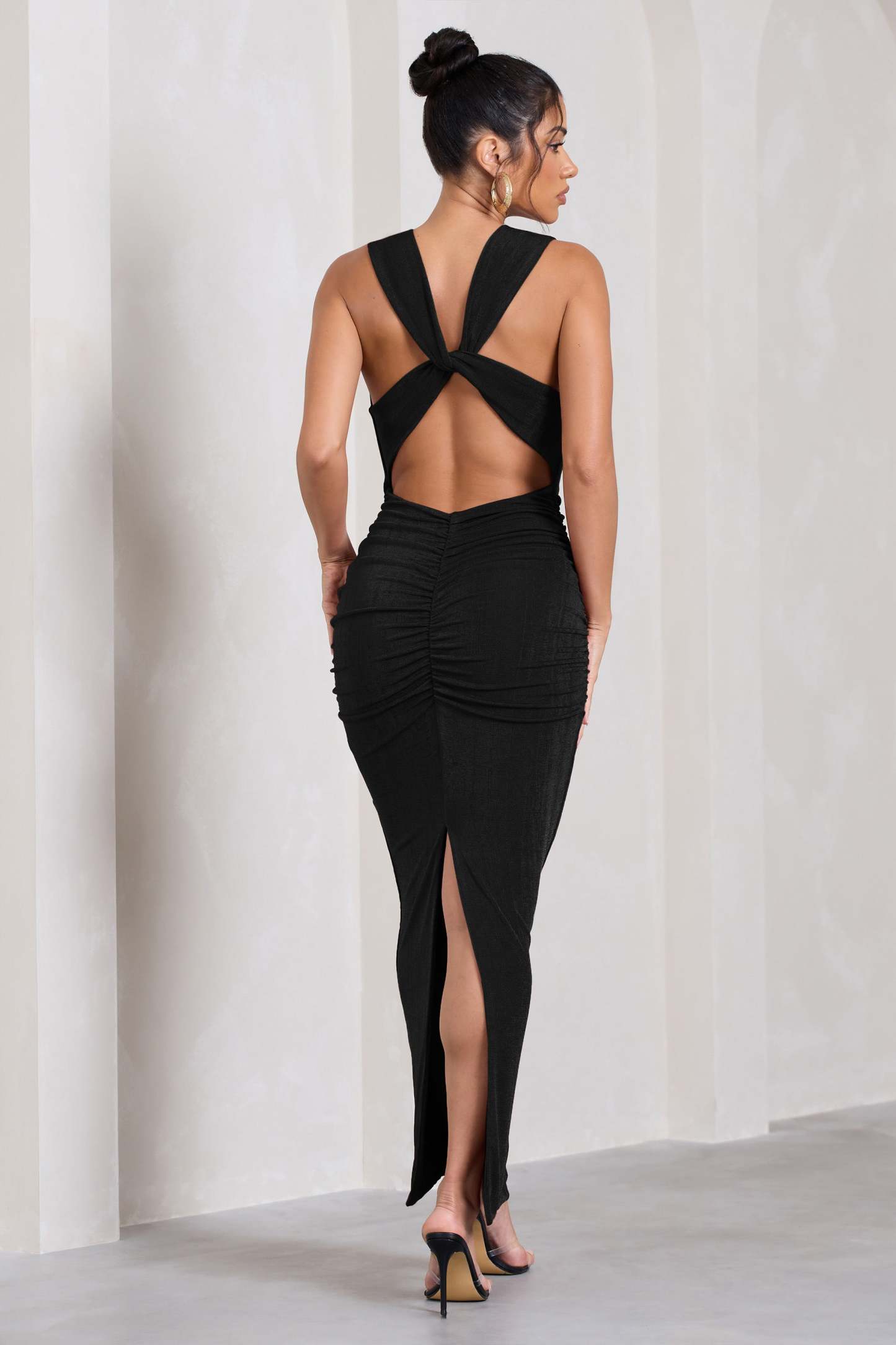 Finely Formed Black Ruched Cowl-Neck Bodycon Maxi Dress-Fashionmomo.All Rights Reserved