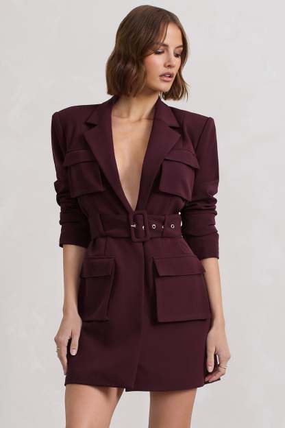 Genesis Plum Belted Utility Blazer Dress-Fashionmomo.All Rights Reserved