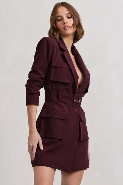 Genesis Plum Belted Utility Blazer Dress-Fashionmomo.All Rights Reserved