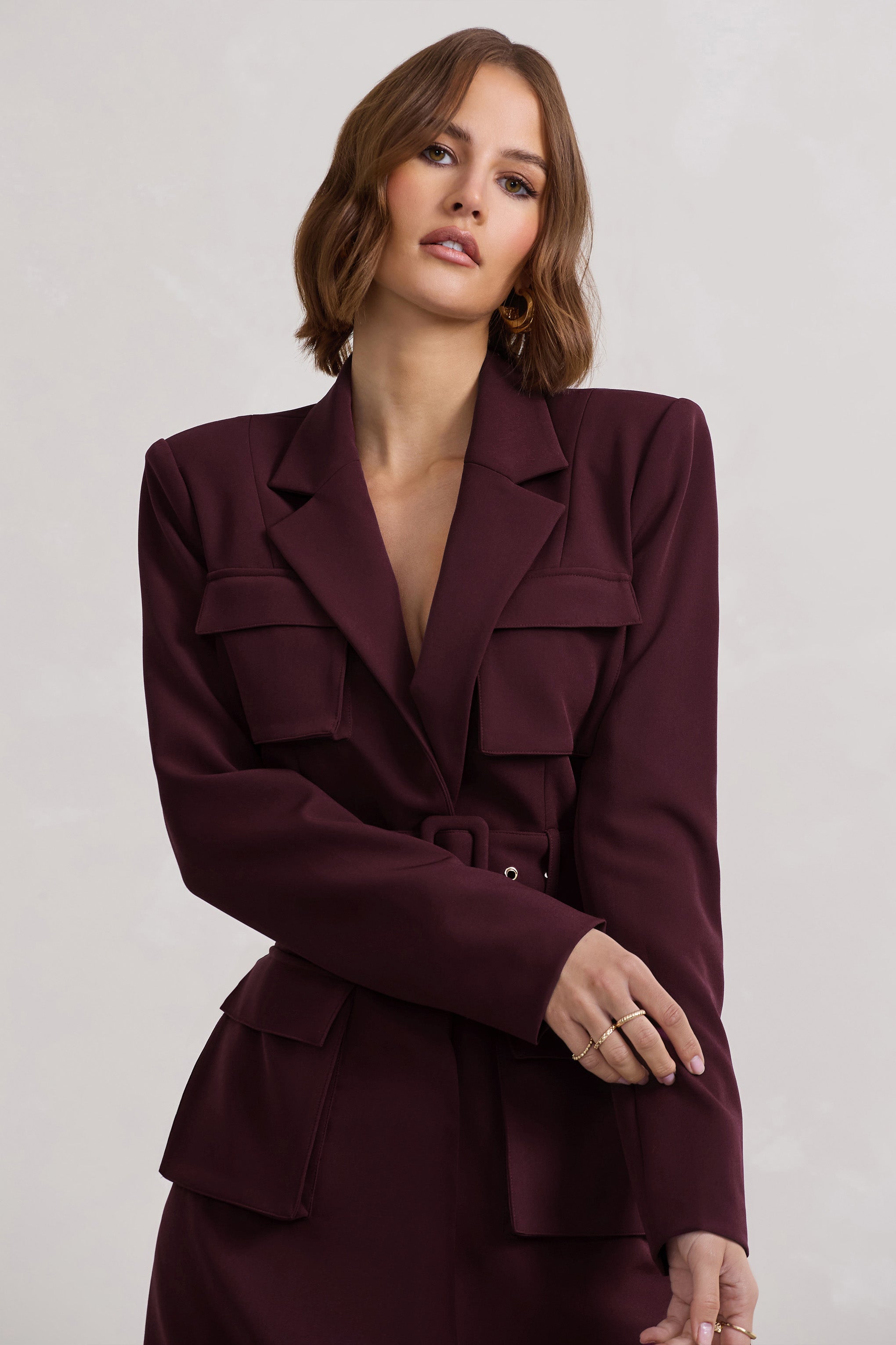 Genesis Plum Belted Utility Blazer Dress-Fashionmomo.All Rights Reserved