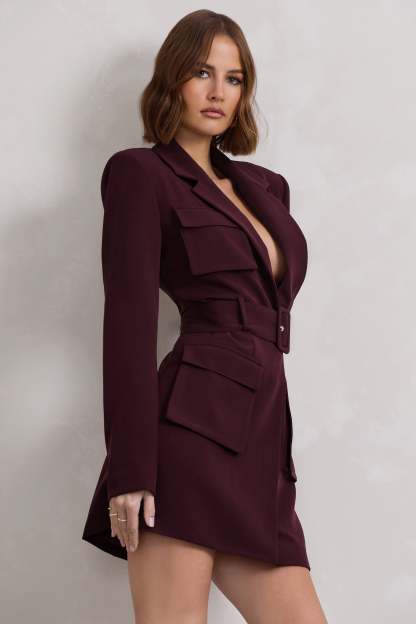 Genesis Plum Belted Utility Blazer Dress-Fashionmomo.All Rights Reserved
