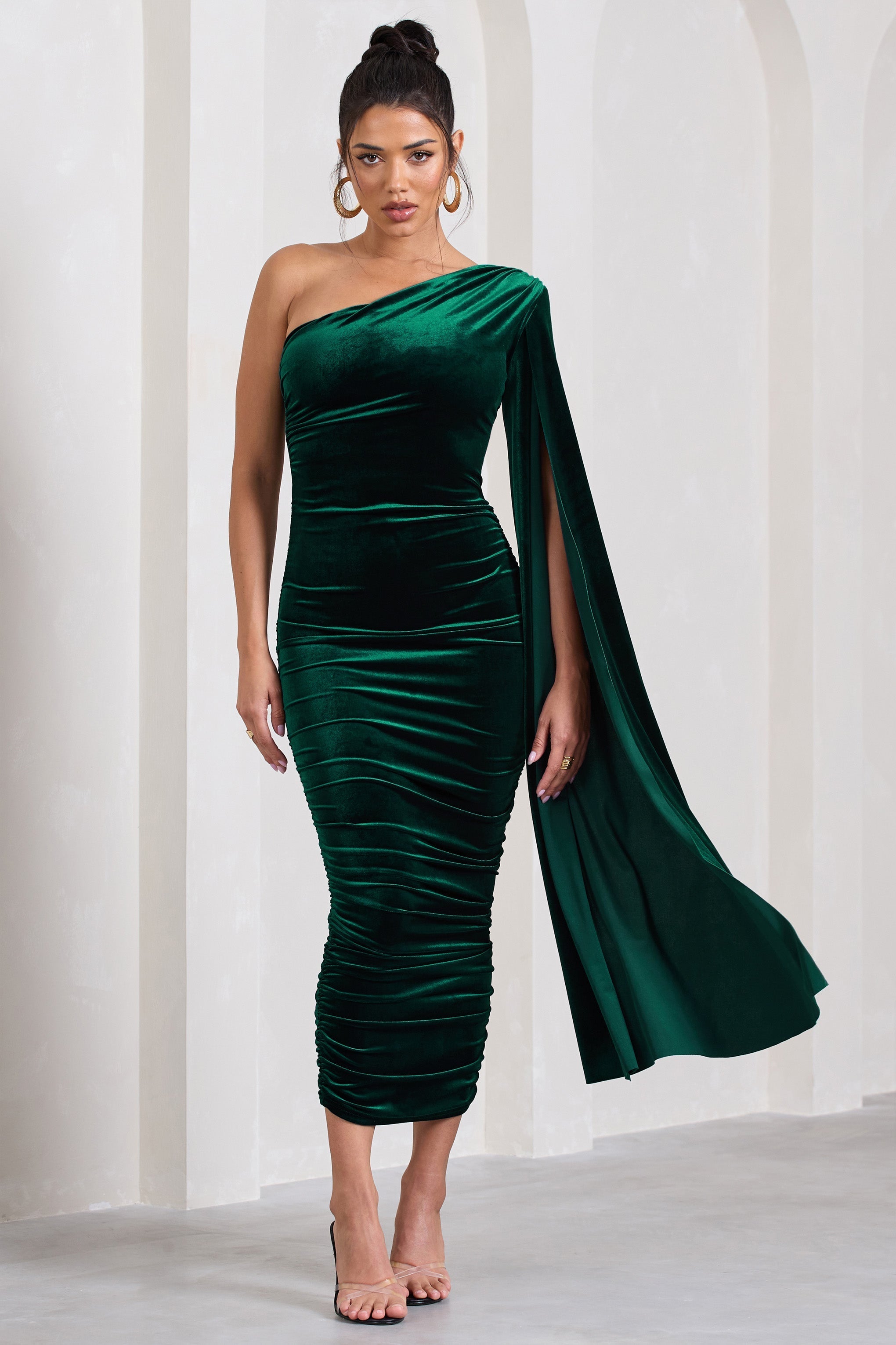 Gianna Bottle Green Velvet One Shoulder Cape Bodycon Midi Dress-Fashionmomo.All Rights Reserved