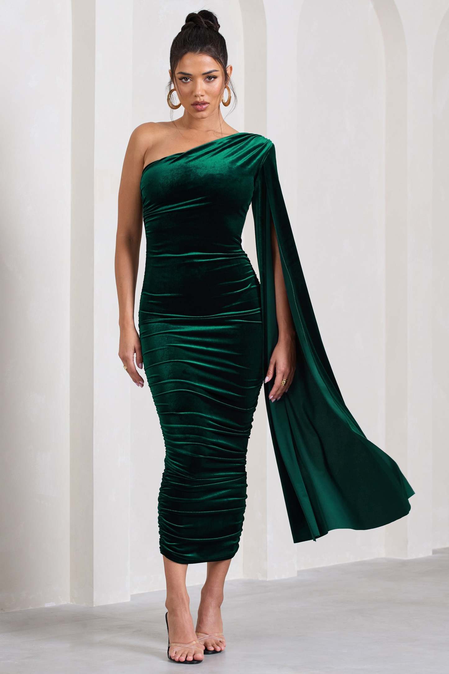 Gianna Bottle Green Velvet One Shoulder Cape Bodycon Midi Dress-Fashionmomo.All Rights Reserved