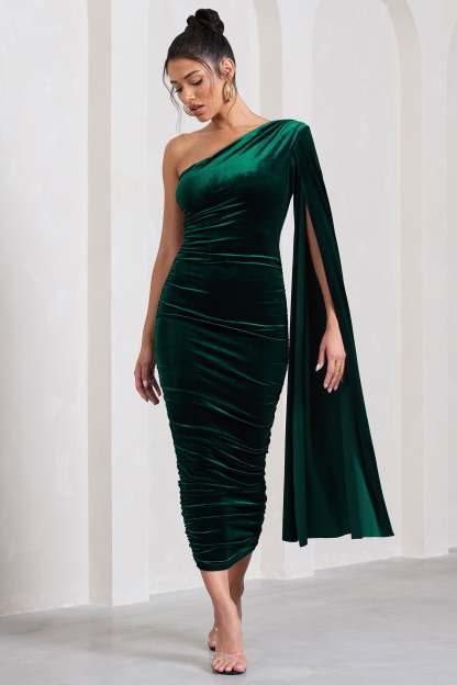 Gianna Bottle Green Velvet One Shoulder Cape Bodycon Midi Dress-Fashionmomo.All Rights Reserved