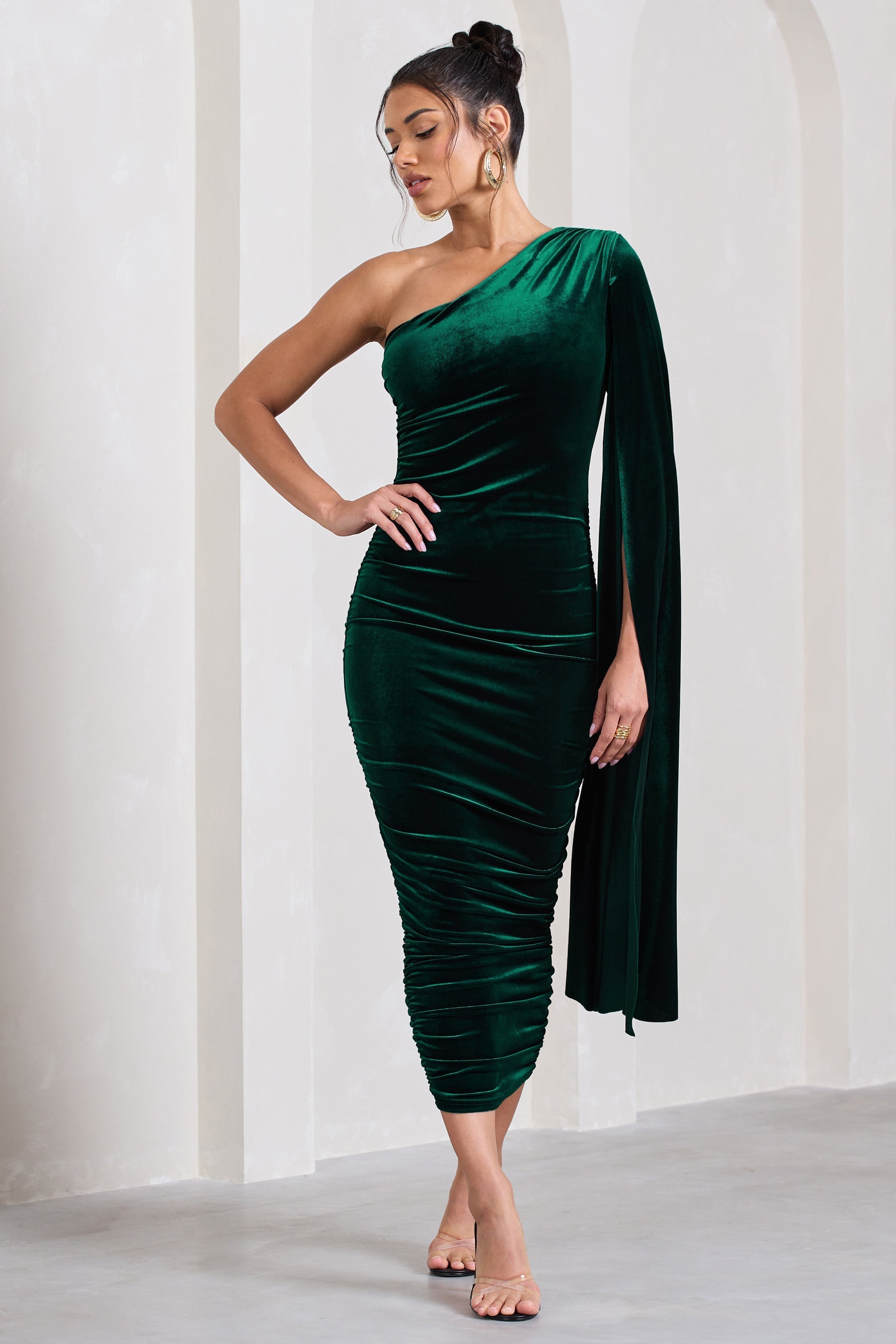 Gianna Bottle Green Velvet One Shoulder Cape Bodycon Midi Dress-Fashionmomo.All Rights Reserved
