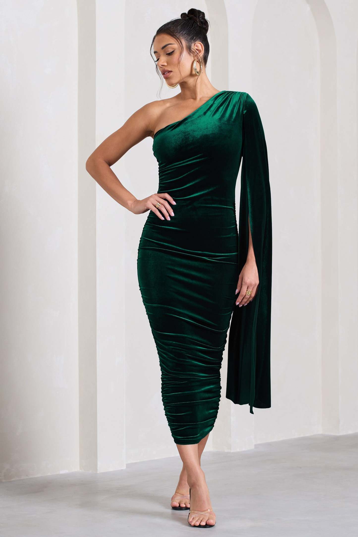 Gianna Bottle Green Velvet One Shoulder Cape Bodycon Midi Dress-Fashionmomo.All Rights Reserved