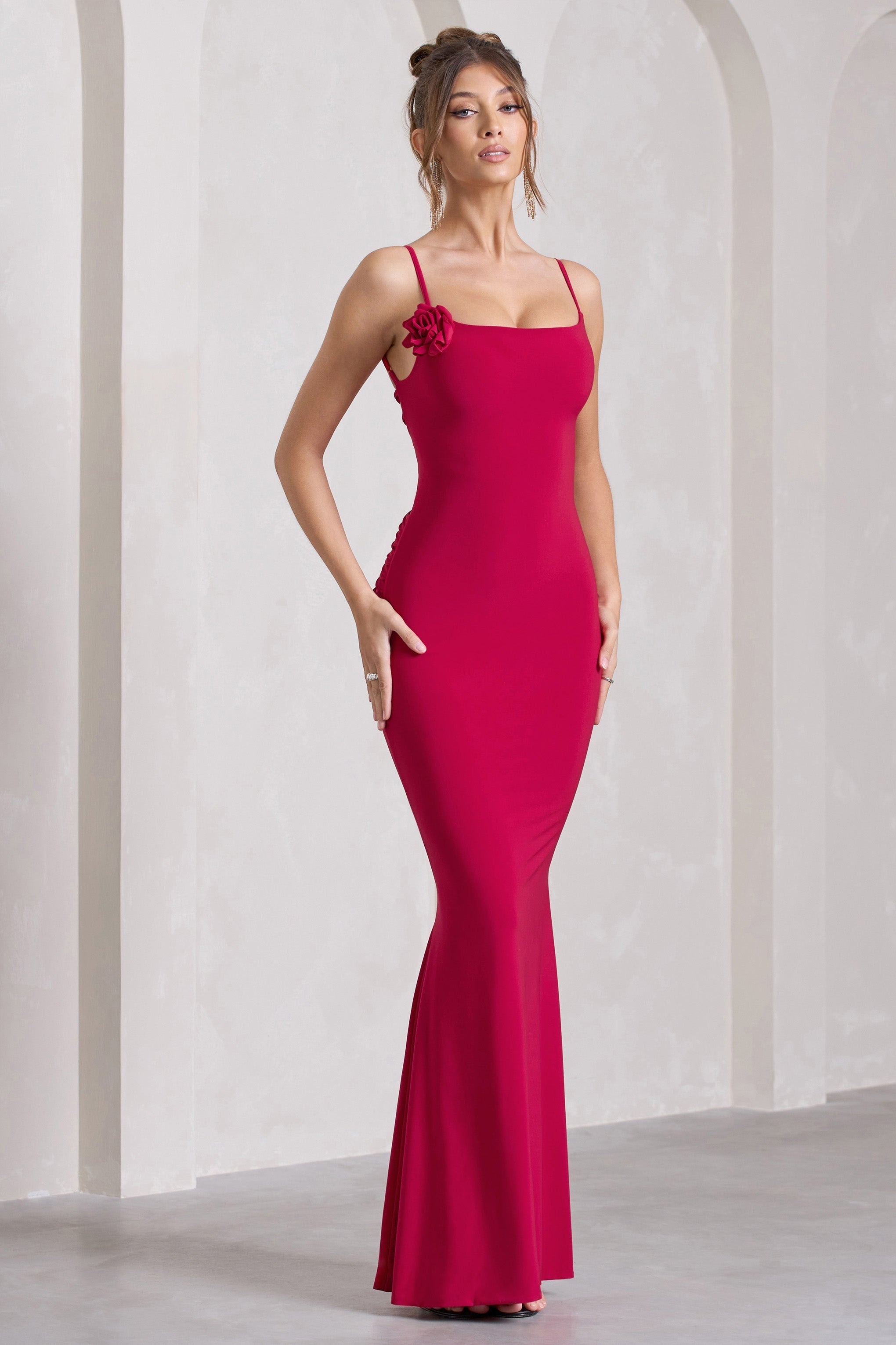 Alora Red Strappy Lace-Up Maxi Dress With Flower Corsage-Fashionmomo.All Rights Reserved