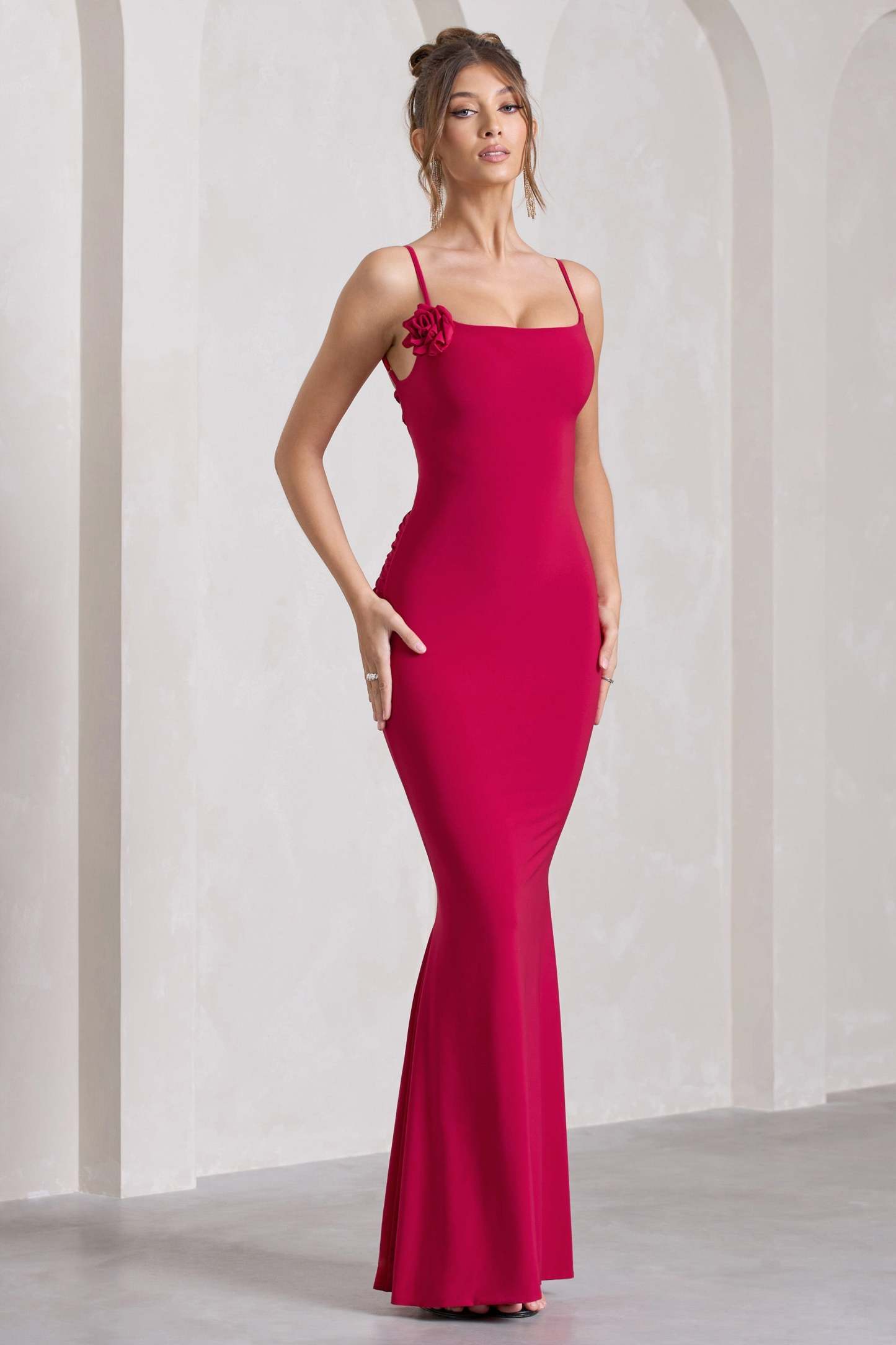 Alora Red Strappy Lace-Up Maxi Dress With Flower Corsage-Fashionmomo.All Rights Reserved