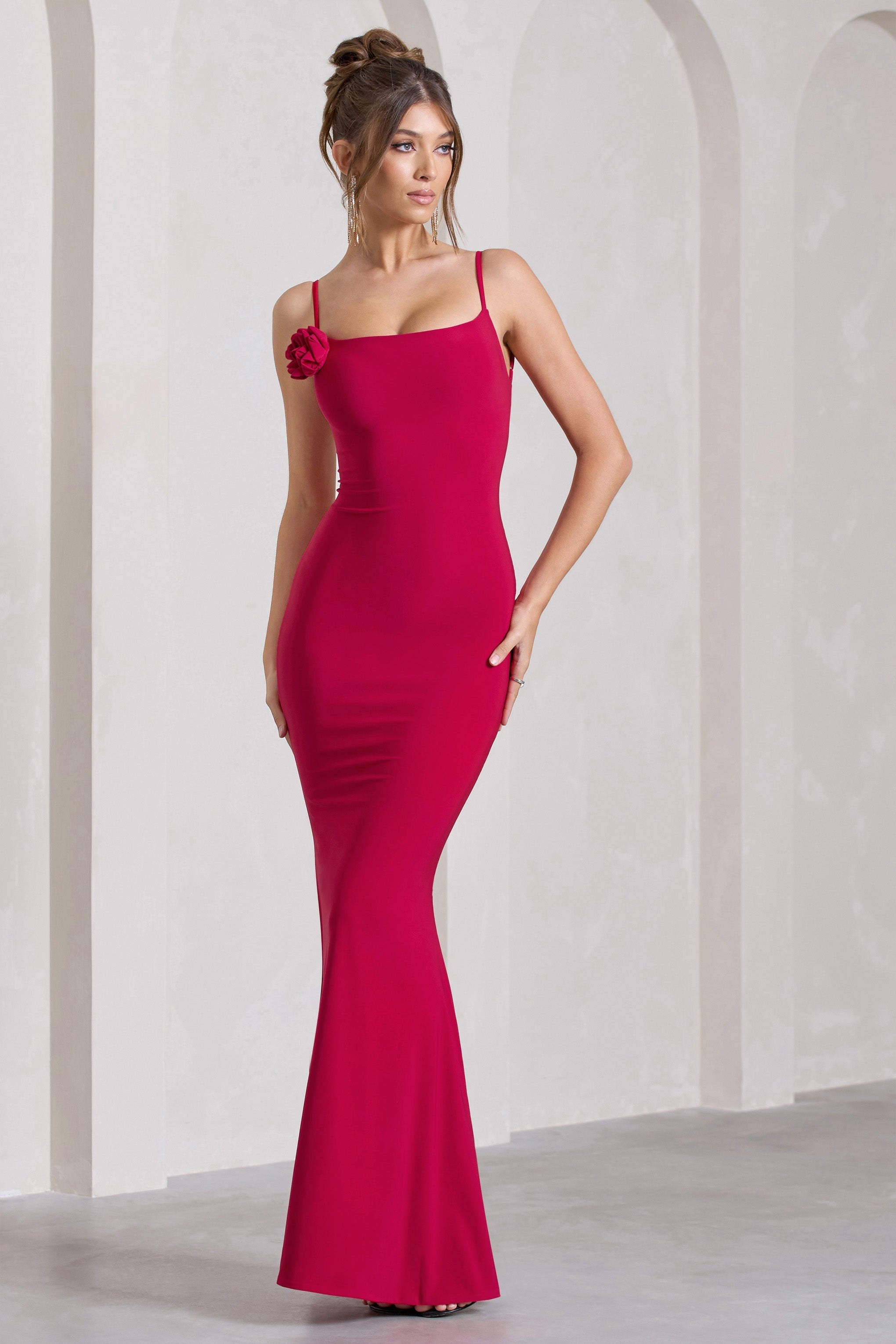 Alora Red Strappy Lace-Up Maxi Dress With Flower Corsage-Fashionmomo.All Rights Reserved