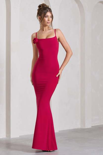 Alora Red Strappy Lace-Up Maxi Dress With Flower Corsage-Fashionmomo.All Rights Reserved