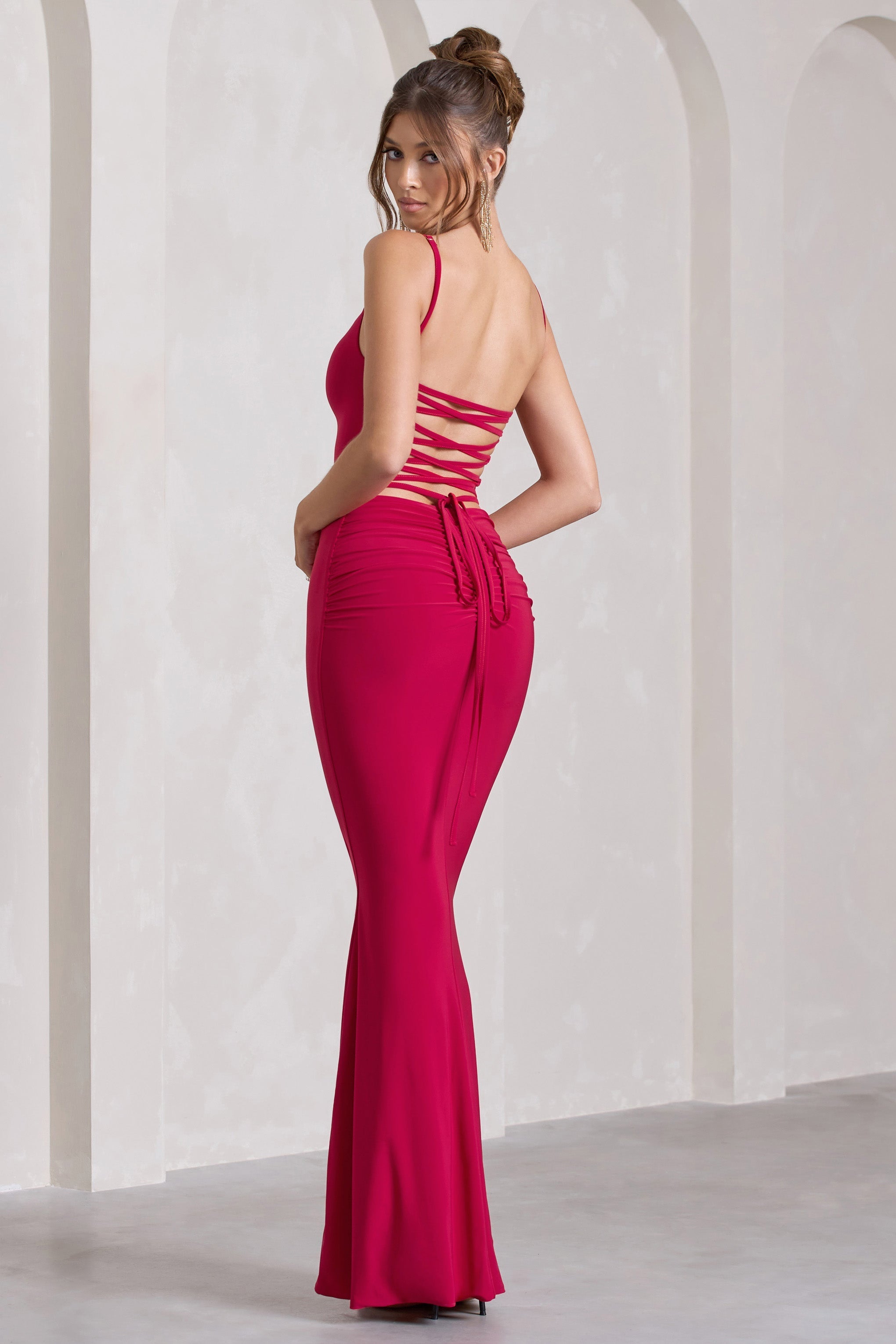 Alora Red Strappy Lace-Up Maxi Dress With Flower Corsage-Fashionmomo.All Rights Reserved