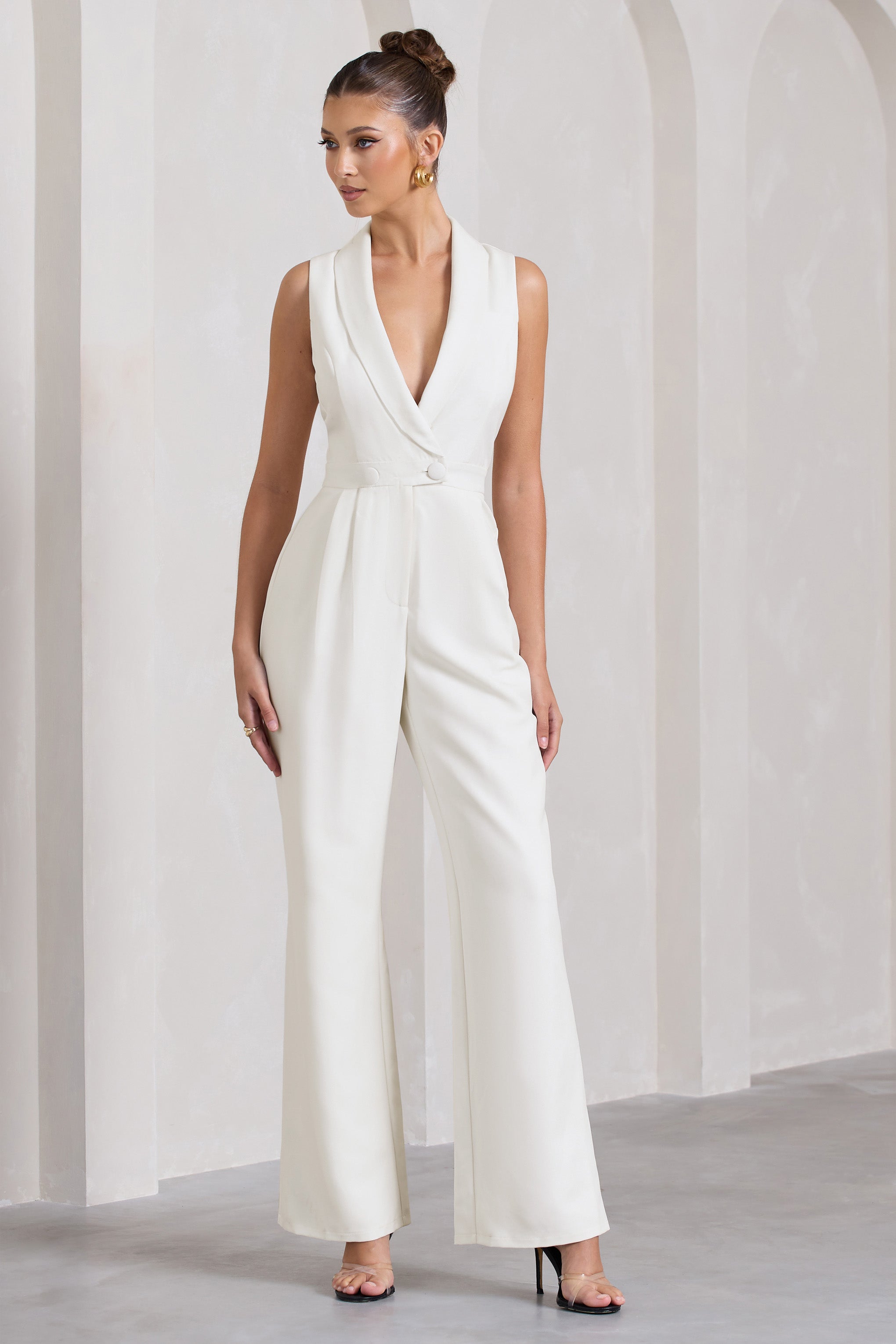 Endure White Tailored Sleeveless Wide-Leg Jumpsuit-Fashionmomo.All Rights Reserved