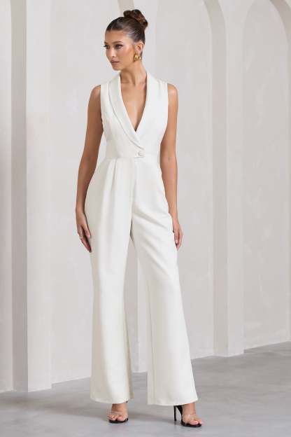 Endure White Tailored Sleeveless Wide-Leg Jumpsuit-Fashionmomo.All Rights Reserved
