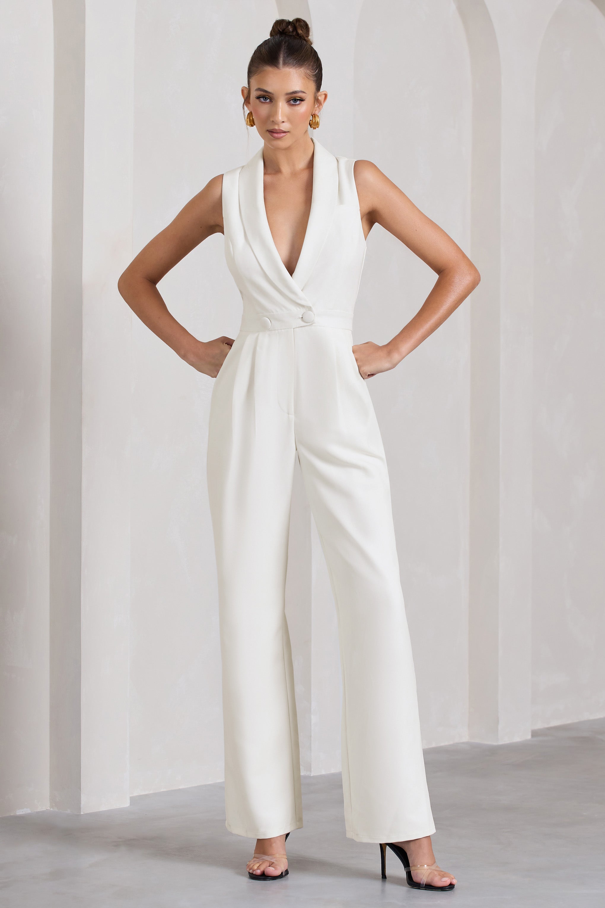 Endure White Tailored Sleeveless Wide-Leg Jumpsuit-Fashionmomo.All Rights Reserved