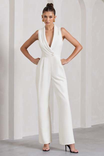 Endure White Tailored Sleeveless Wide-Leg Jumpsuit-Fashionmomo.All Rights Reserved