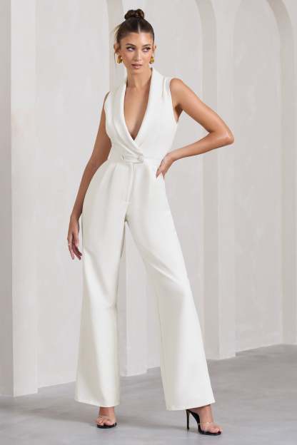 Endure White Tailored Sleeveless Wide-Leg Jumpsuit-Fashionmomo.All Rights Reserved