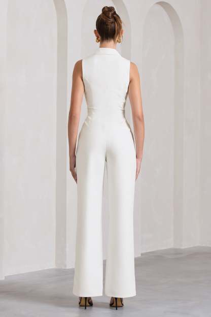 Endure White Tailored Sleeveless Wide-Leg Jumpsuit-Fashionmomo.All Rights Reserved