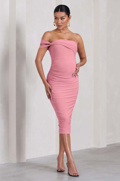 Eviana Blush Pink Bodycon Sleeveless Twist Maternity Midi Dress-Fashionmomo.All Rights Reserved
