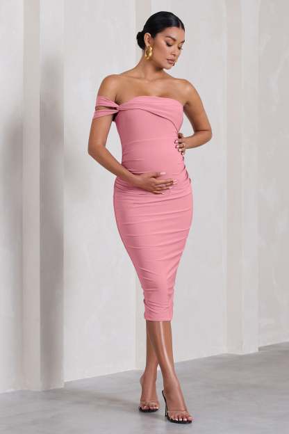 Eviana Blush Pink Bodycon Sleeveless Twist Maternity Midi Dress-Fashionmomo.All Rights Reserved