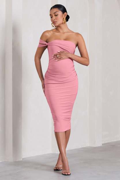 Eviana Blush Pink Bodycon Sleeveless Twist Maternity Midi Dress-Fashionmomo.All Rights Reserved