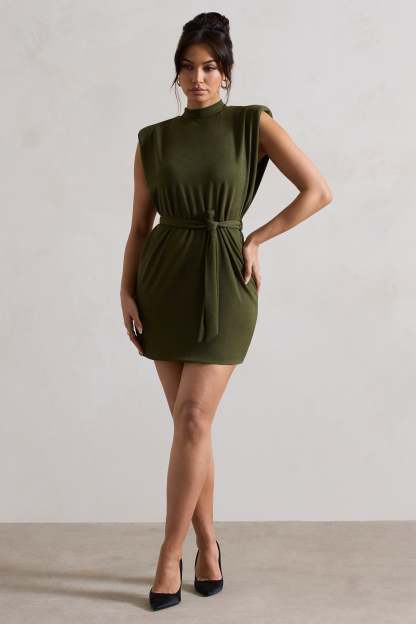 Asher Olive High-Neck Mini Dress With Tie Waist-Fashionmomo.All Rights Reserved