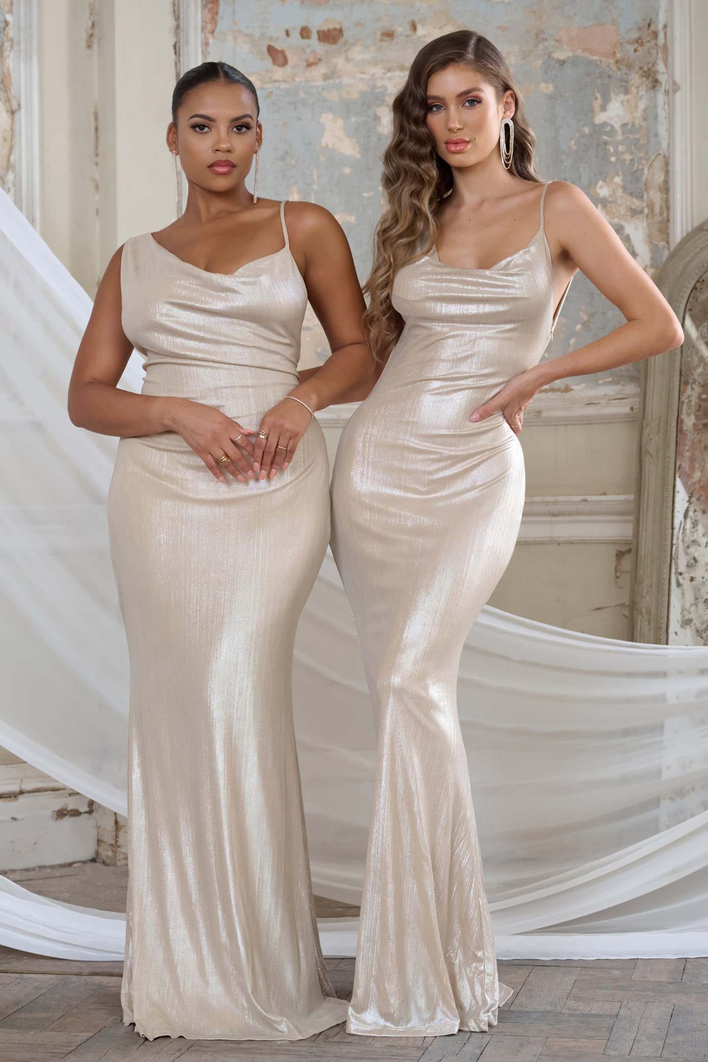 Galaxy Shimmer Gold Bias Cut Cowl Front Maxi Dress-Fashionmomo.All Rights Reserved