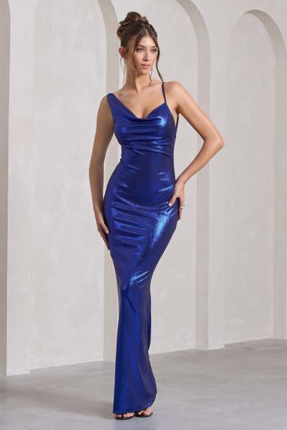 Galaxy Shimmer Navy Bias Cut Cowl Front Maxi Dress-Fashionmomo.All Rights Reserved