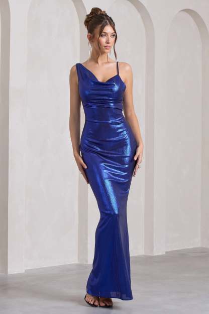 Galaxy Shimmer Navy Bias Cut Cowl Front Maxi Dress-Fashionmomo.All Rights Reserved