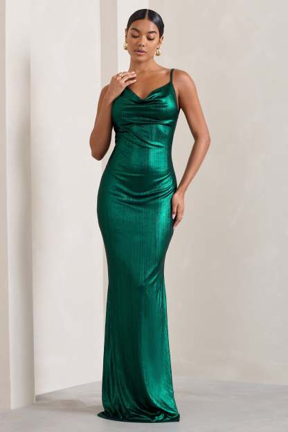 Galaxy Shimmer Green Bias Cut Cowl Front Maxi Dress-Fashionmomo.All Rights Reserved