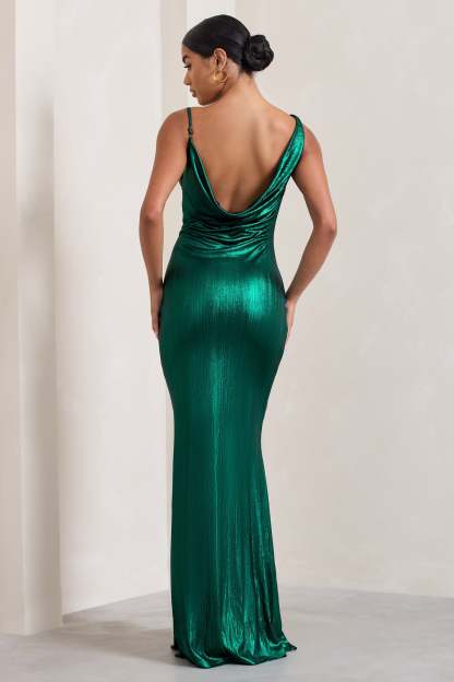Galaxy Shimmer Green Bias Cut Cowl Front Maxi Dress-Fashionmomo.All Rights Reserved