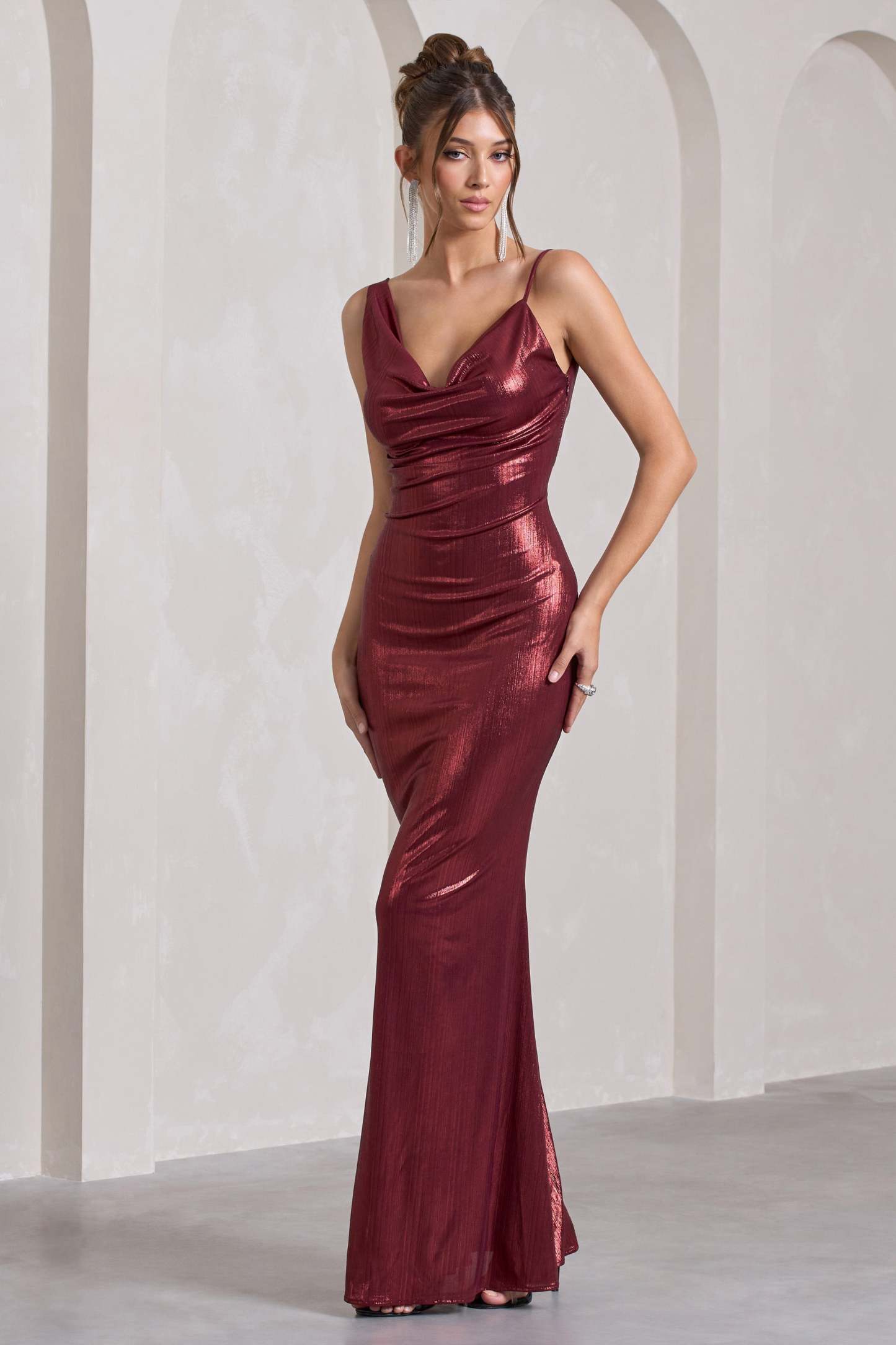 Galaxy Shimmer Burgundy Bias Cut Cowl Front Maxi Dress-Fashionmomo.All Rights Reserved