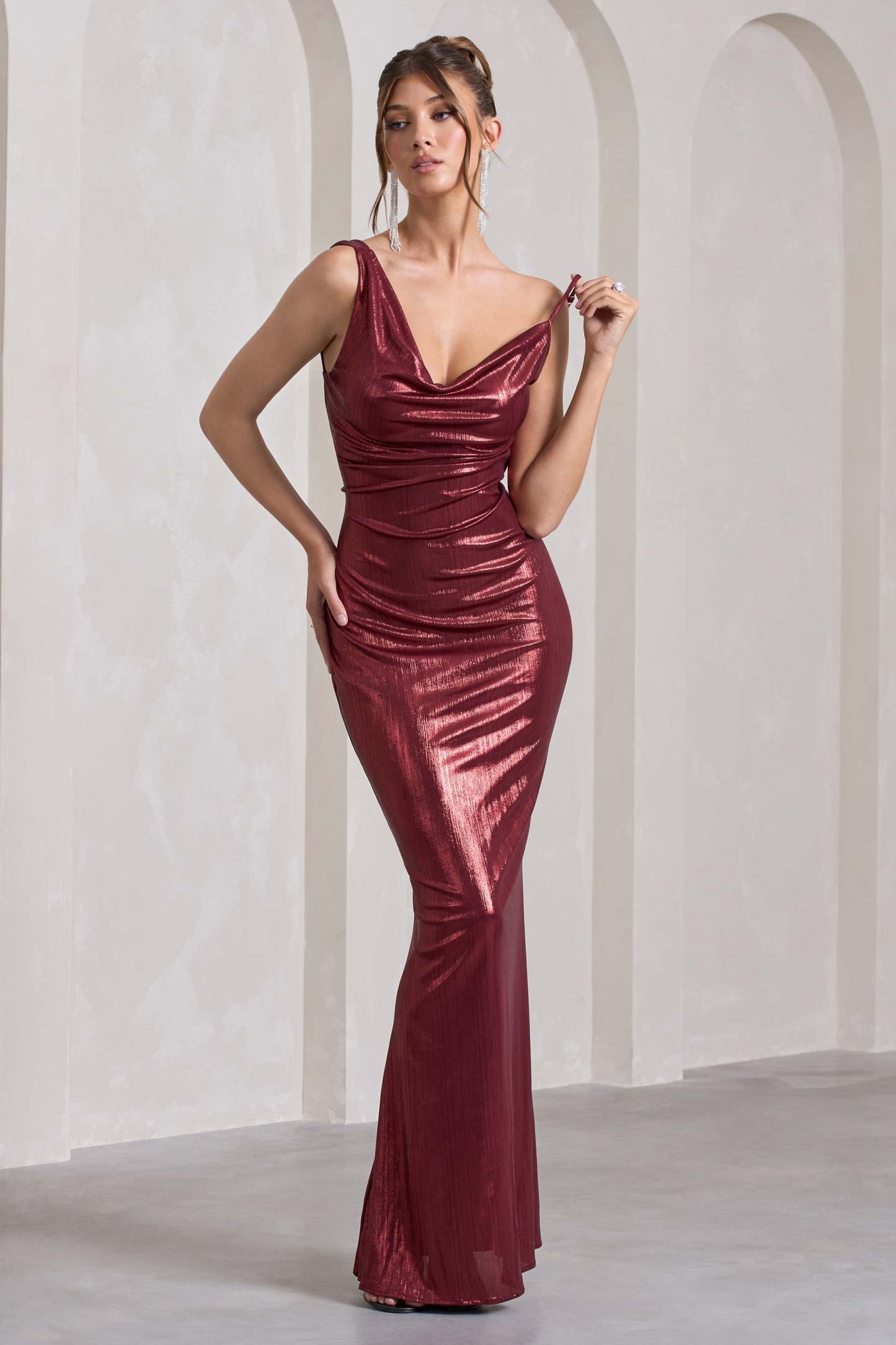 Galaxy Shimmer Burgundy Bias Cut Cowl Front Maxi Dress-Fashionmomo.All Rights Reserved
