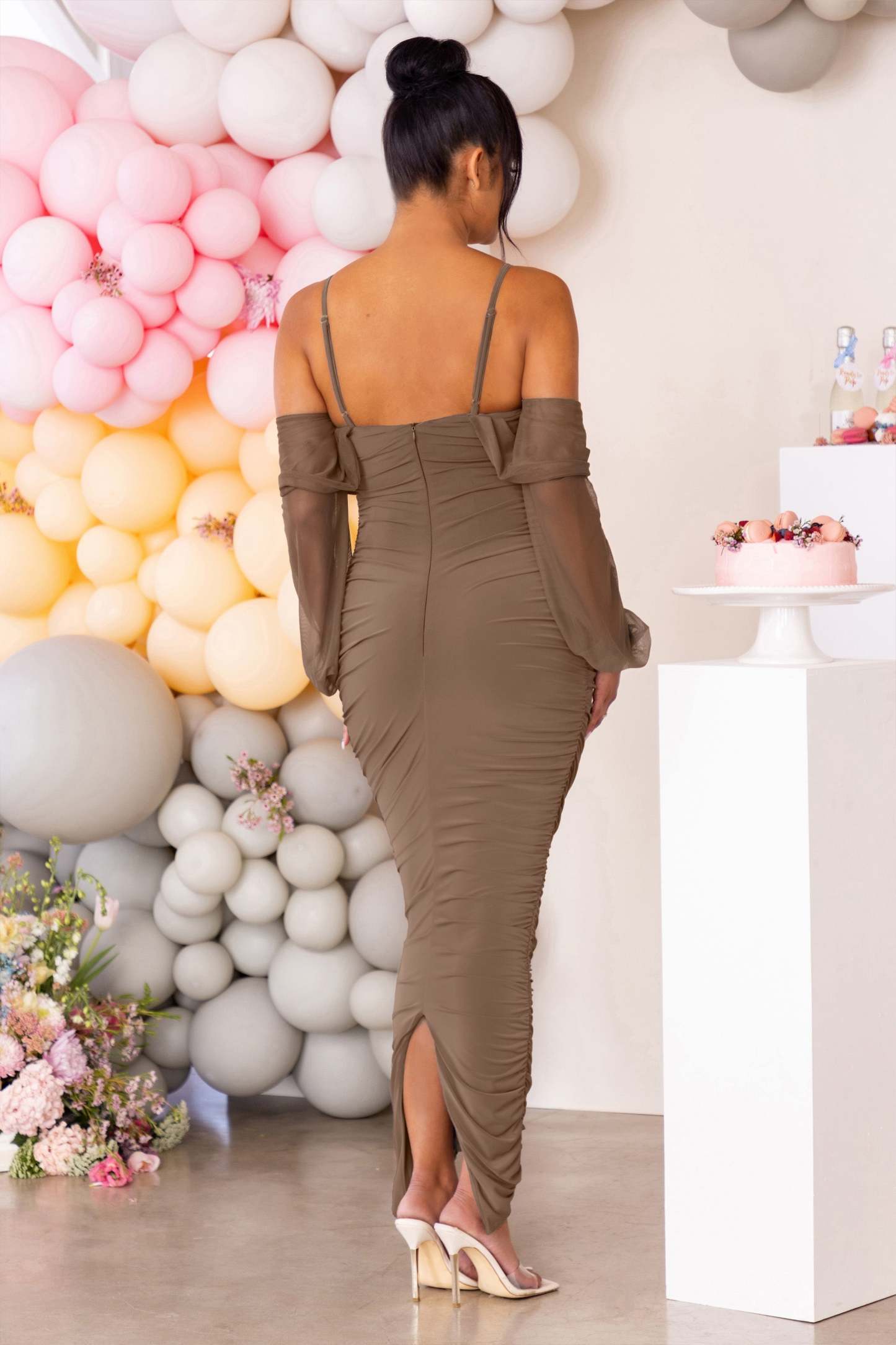 Announcement Mocha Maternity Bardot Ruched Maxi Dress-Fashionmomo.All Rights Reserved