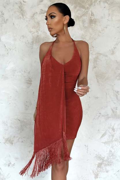 High Summer Rust Plunge Mini Dress With Tassel Detail-Fashionmomo.All Rights Reserved