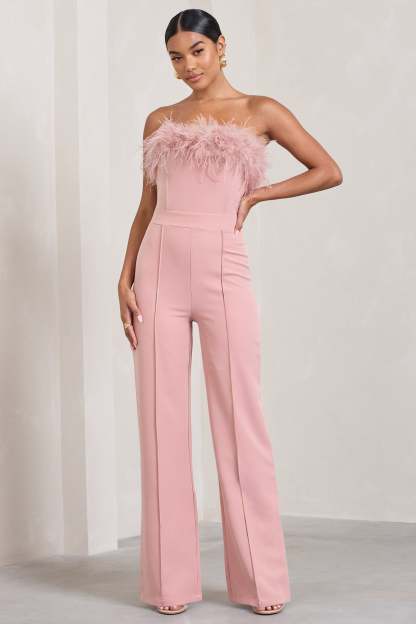 First Class Pink Bandeau Feather Wide Leg Jumpsuit-Fashionmomo.All Rights Reserved