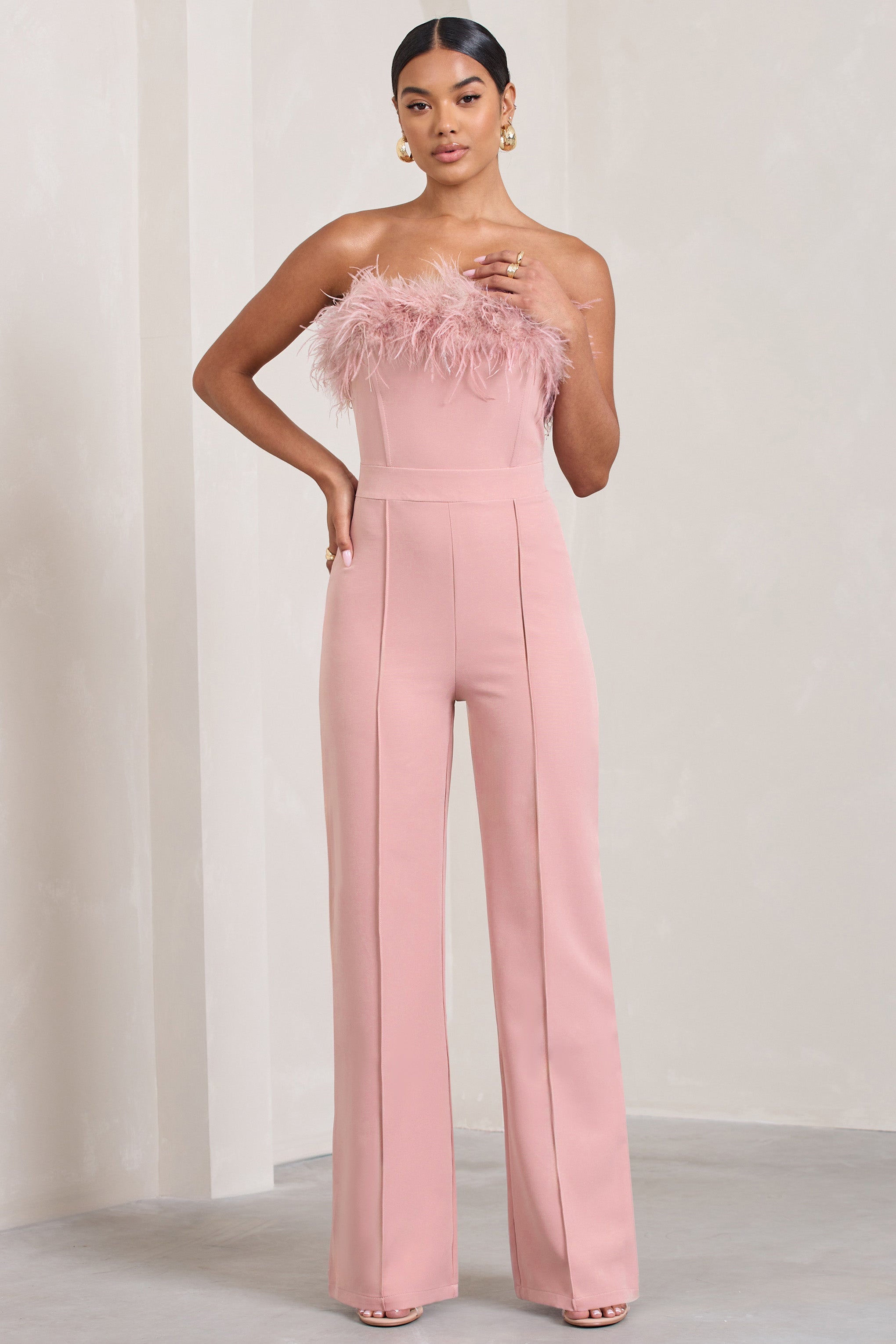 First Class Pink Bandeau Feather Wide Leg Jumpsuit-Fashionmomo.All Rights Reserved