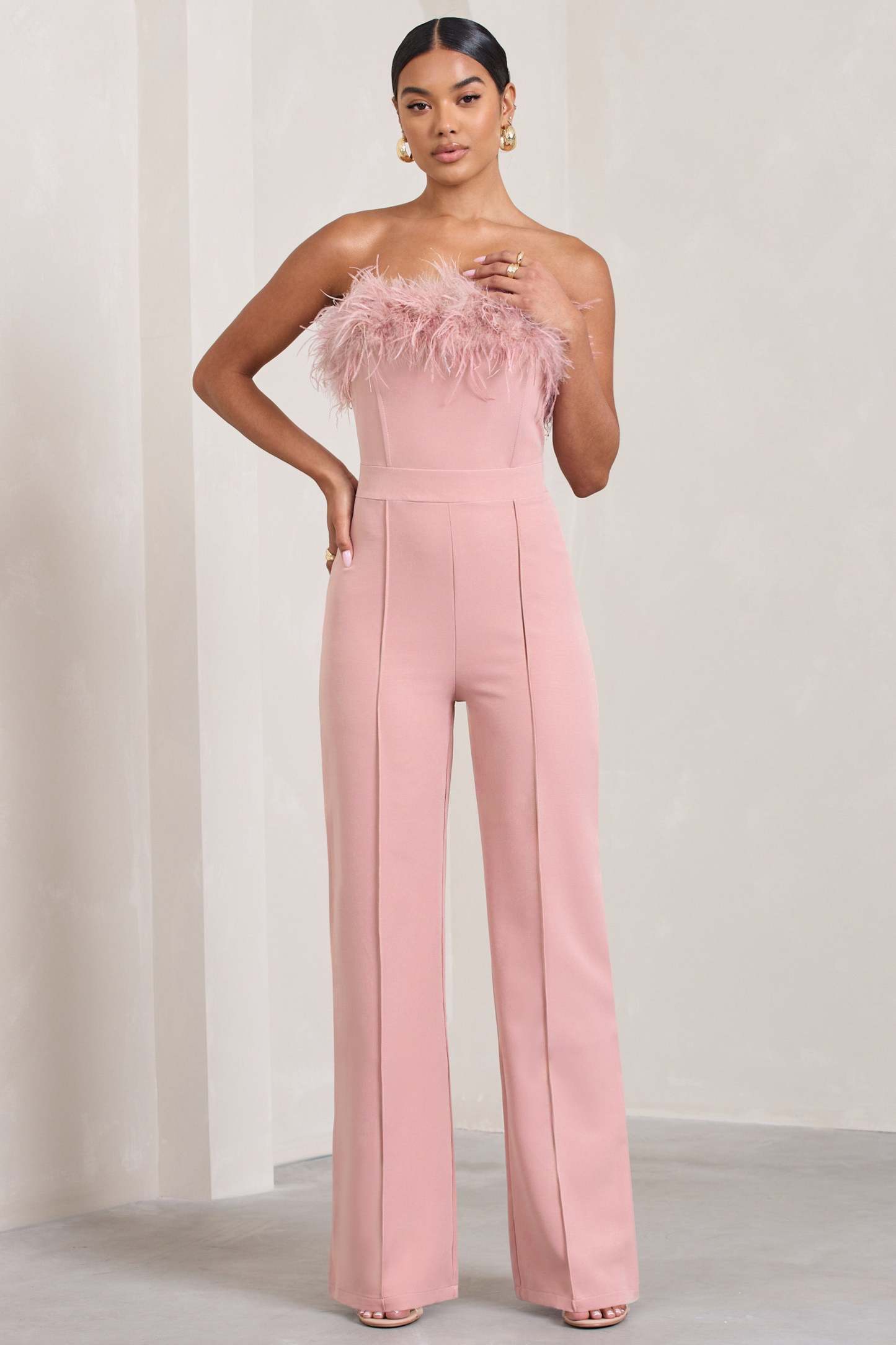 First Class Pink Bandeau Feather Wide Leg Jumpsuit-Fashionmomo.All Rights Reserved