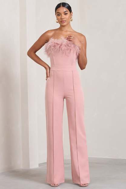 First Class Pink Bandeau Feather Wide Leg Jumpsuit-Fashionmomo.All Rights Reserved