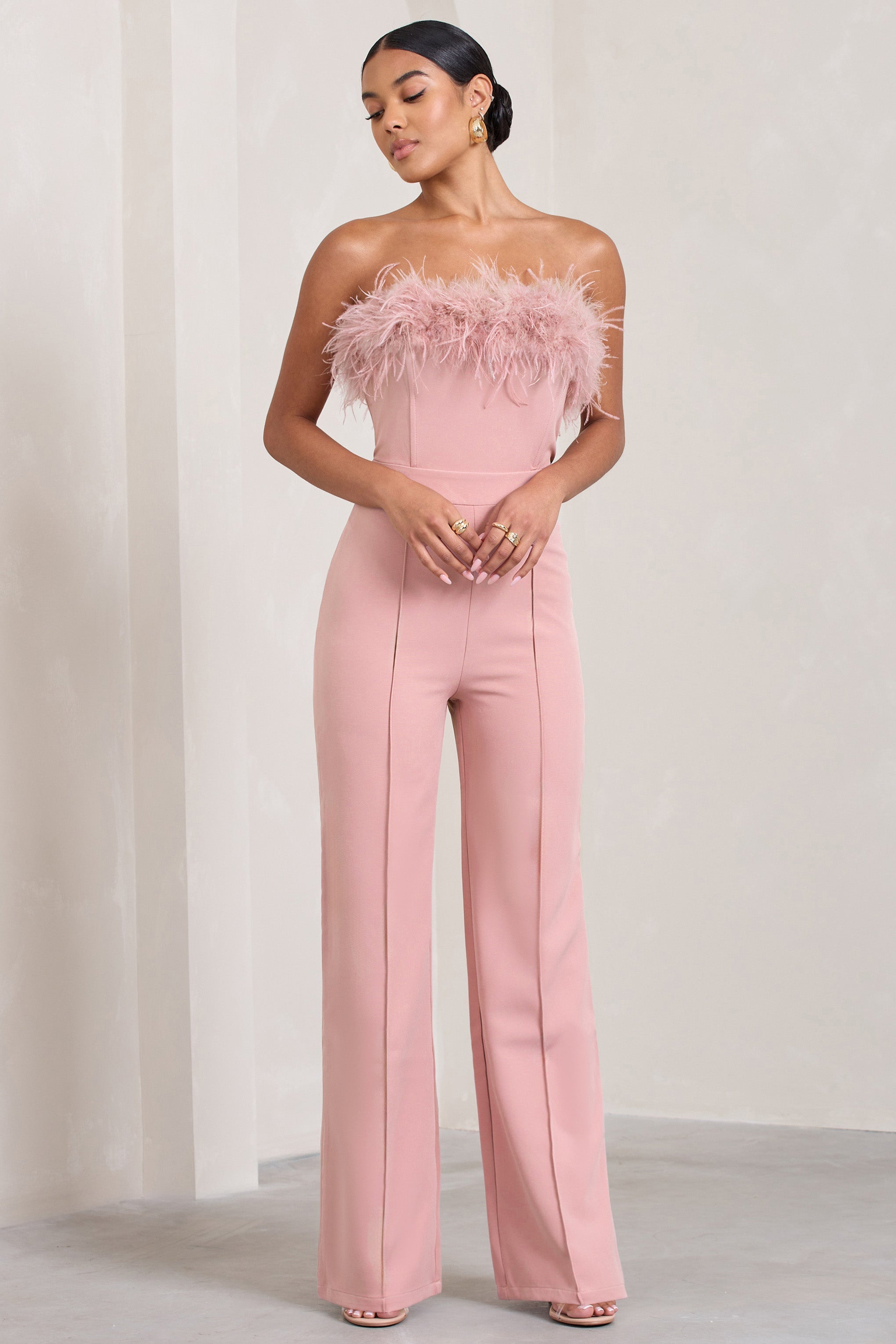First Class Pink Bandeau Feather Wide Leg Jumpsuit-Fashionmomo.All Rights Reserved