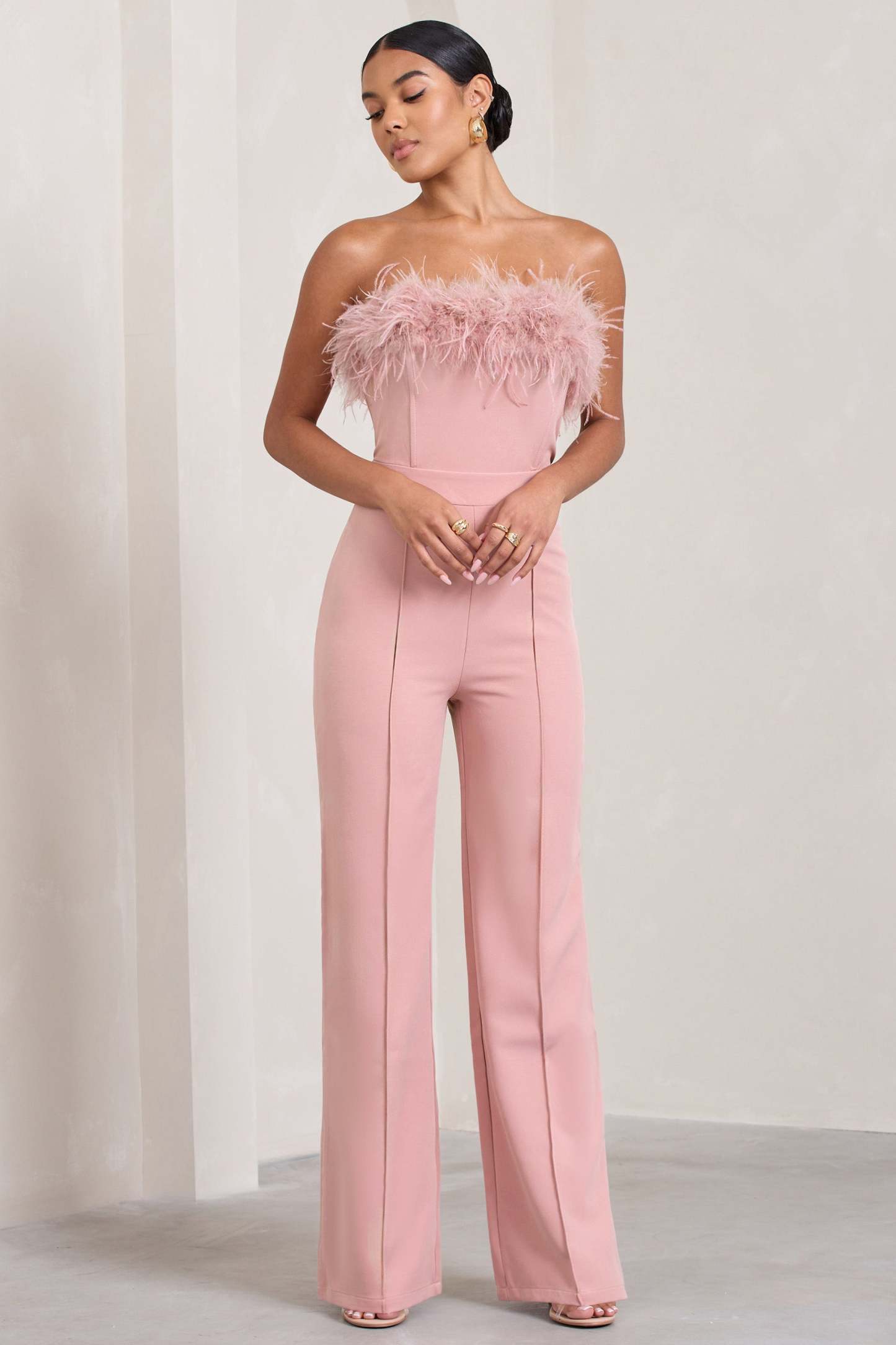 First Class Pink Bandeau Feather Wide Leg Jumpsuit-Fashionmomo.All Rights Reserved