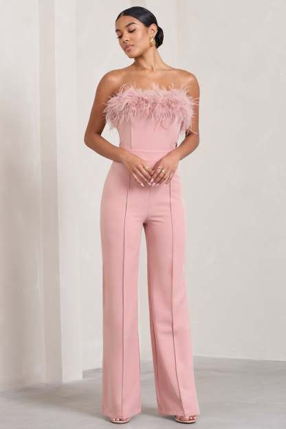 First Class Pink Bandeau Feather Wide Leg Jumpsuit-Fashionmomo.All Rights Reserved