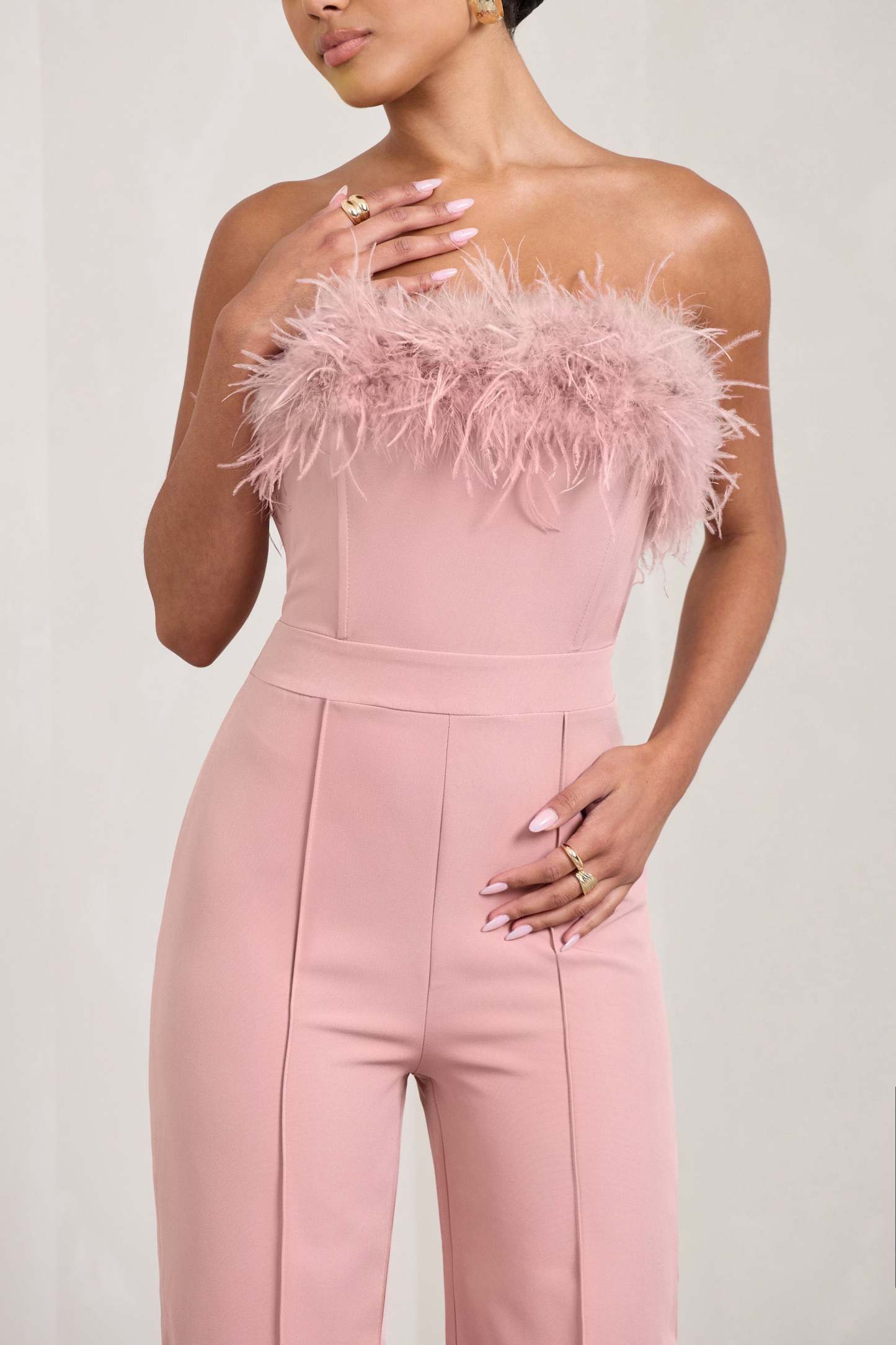 First Class Pink Bandeau Feather Wide Leg Jumpsuit-Fashionmomo.All Rights Reserved
