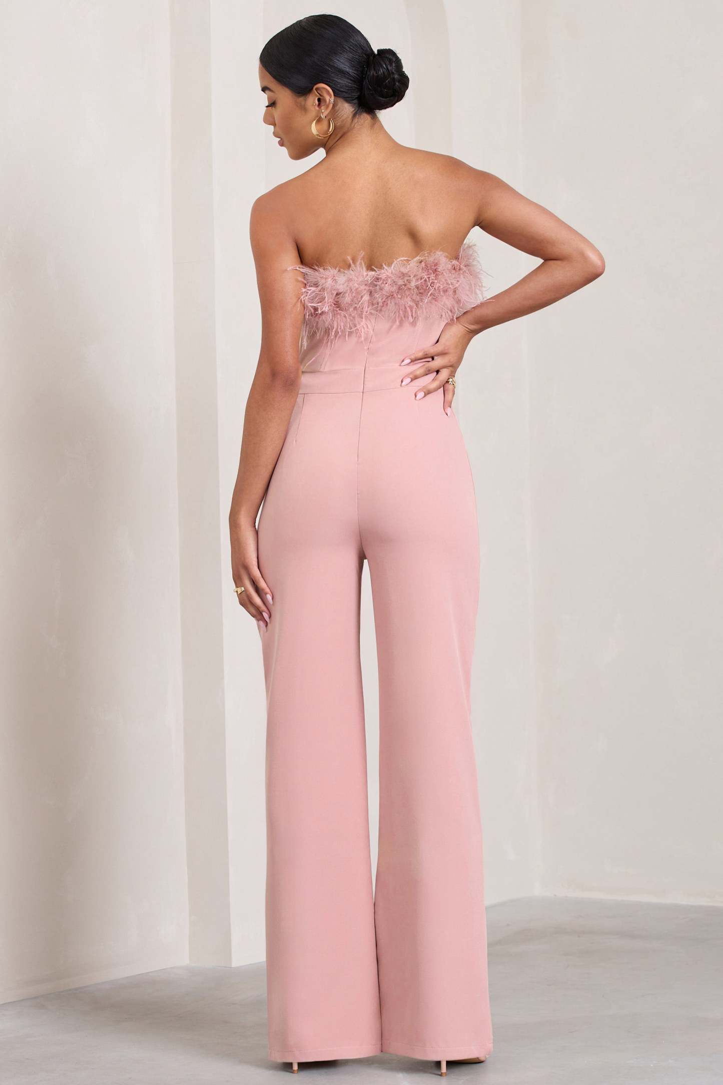 First Class Pink Bandeau Feather Wide Leg Jumpsuit-Fashionmomo.All Rights Reserved