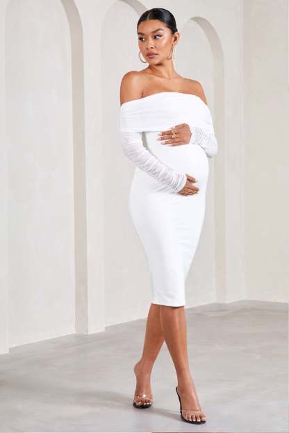 Patiently Waiting White Maternity Ruched Mesh Bardot Midi Dress-Fashionmomo.All Rights Reserved