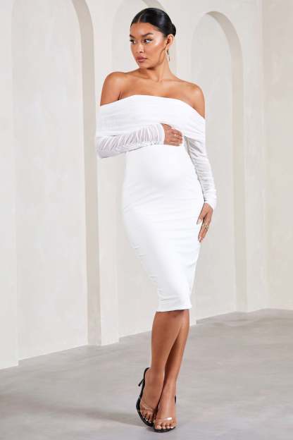 Patiently Waiting White Maternity Ruched Mesh Bardot Midi Dress-Fashionmomo.All Rights Reserved