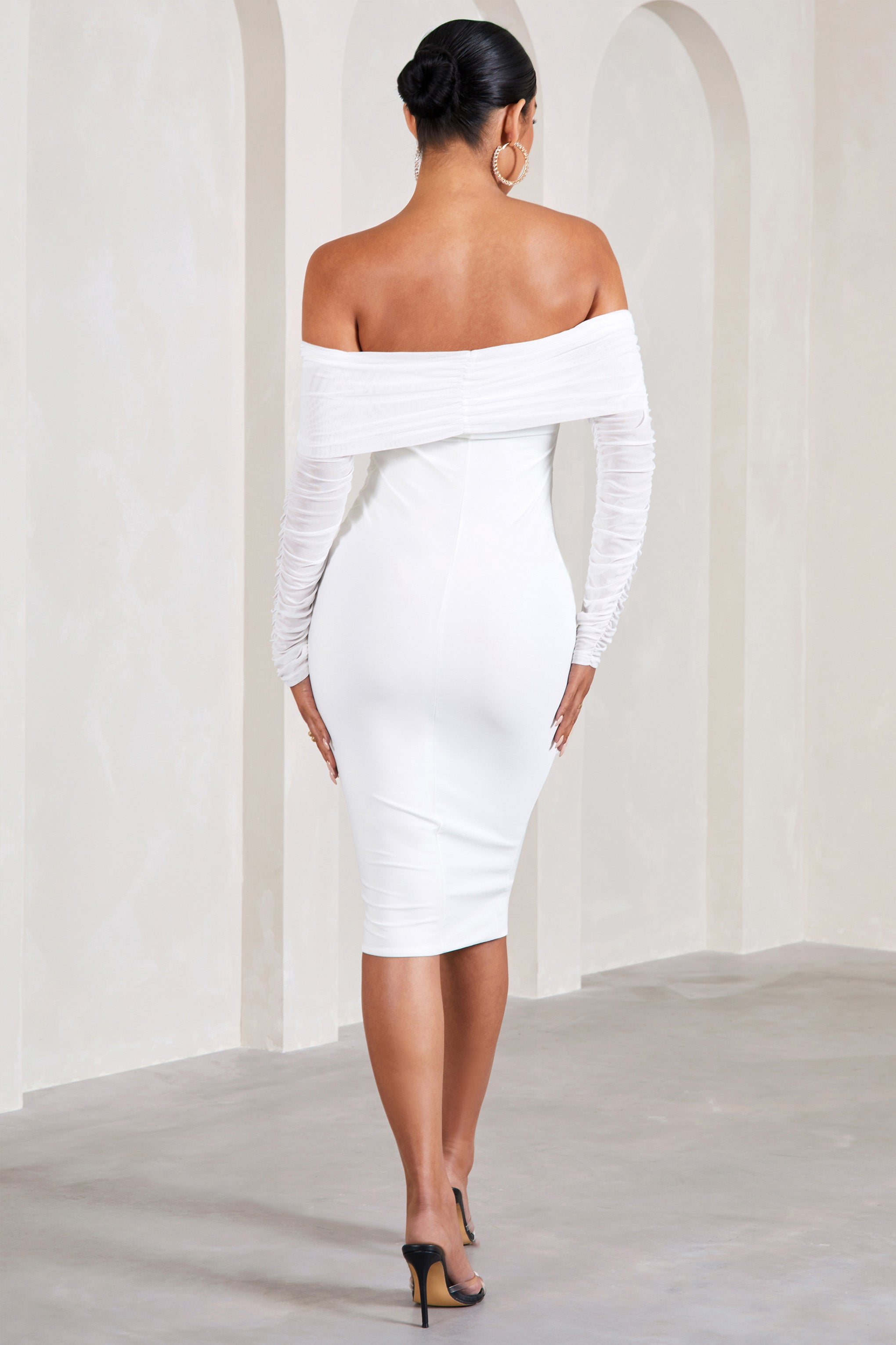 Patiently Waiting White Maternity Ruched Mesh Bardot Midi Dress-Fashionmomo.All Rights Reserved
