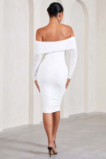 Patiently Waiting White Maternity Ruched Mesh Bardot Midi Dress-Fashionmomo.All Rights Reserved