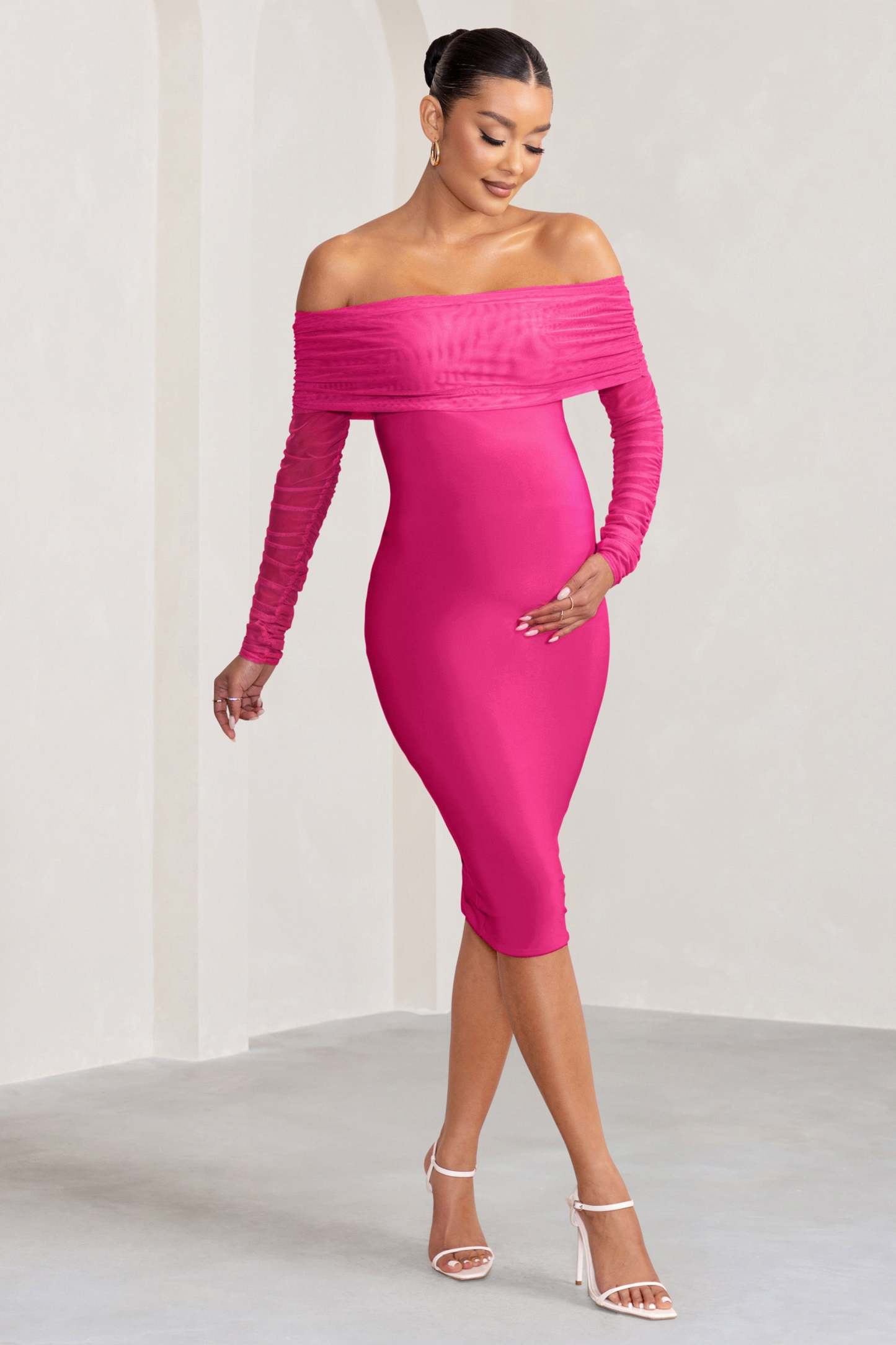 Patiently Waiting Hot Pink Maternity Ruched Mesh Bardot Midi Dress-Fashionmomo.All Rights Reserved