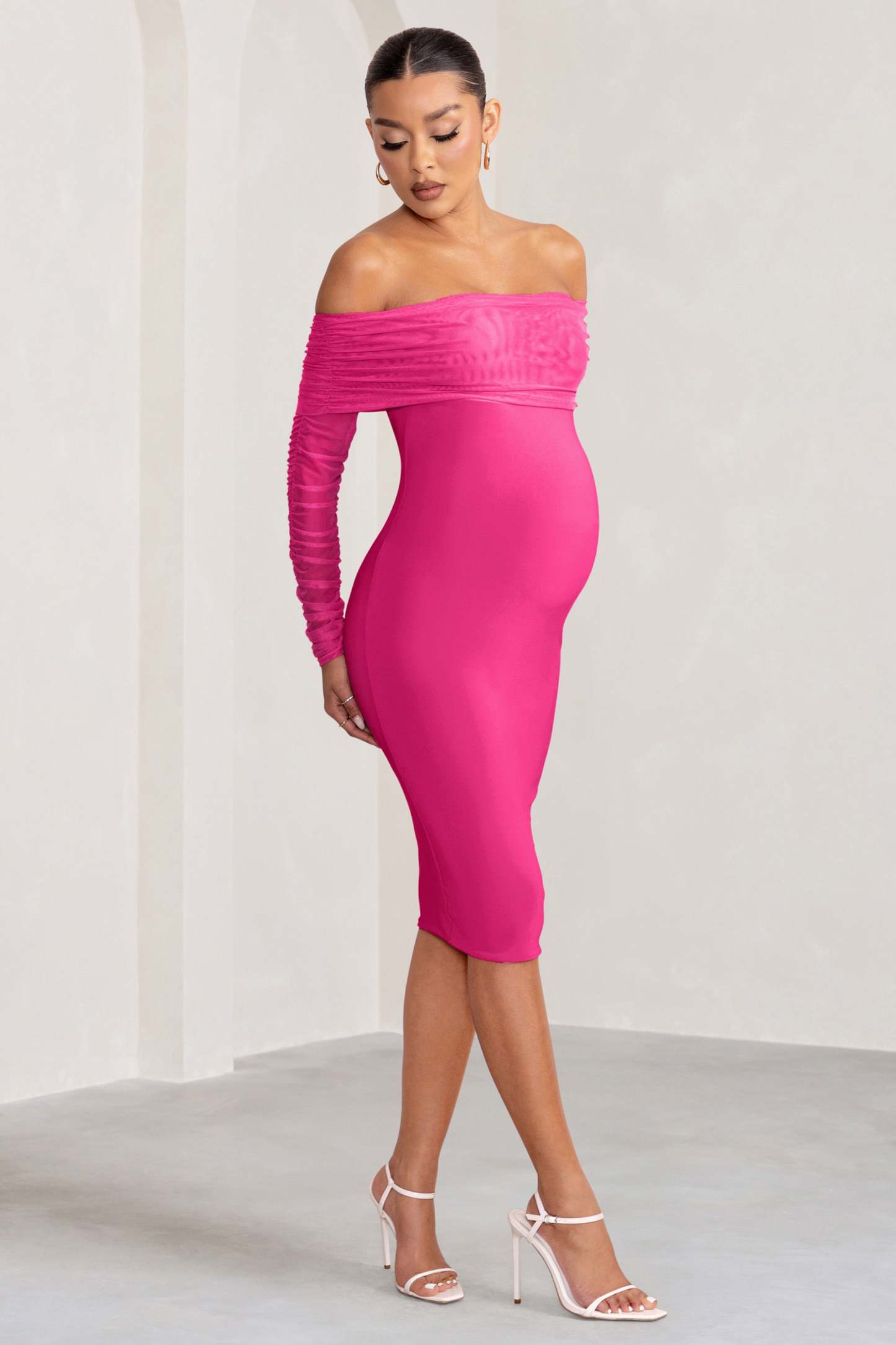 Patiently Waiting Hot Pink Maternity Ruched Mesh Bardot Midi Dress-Fashionmomo.All Rights Reserved